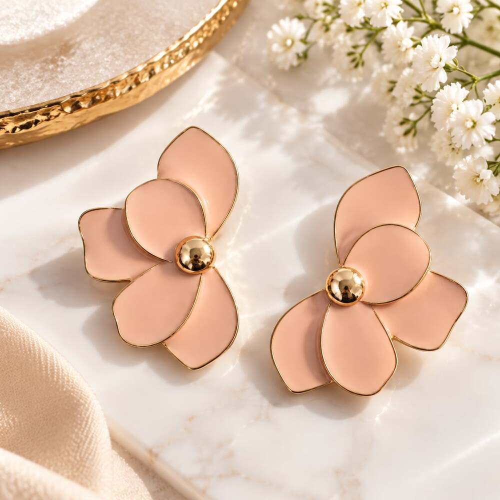 Pink Flower Statement Earrings Gold Trim Floral Stud Earrings Feminine